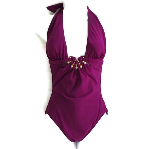 Gottex Other - Vintage 90s Luxury Gottex Swimsuit One Piece Berry Pearl Ornaments Designer Pads